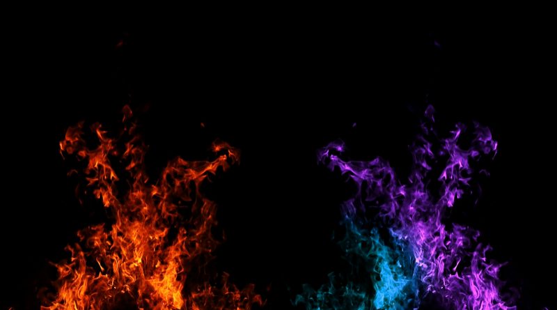orange, blue, and purple smoke bombs